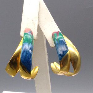 Vintage Enamel Split Hoop Earrings, Double Hoops in Gold Tone Stud with Green